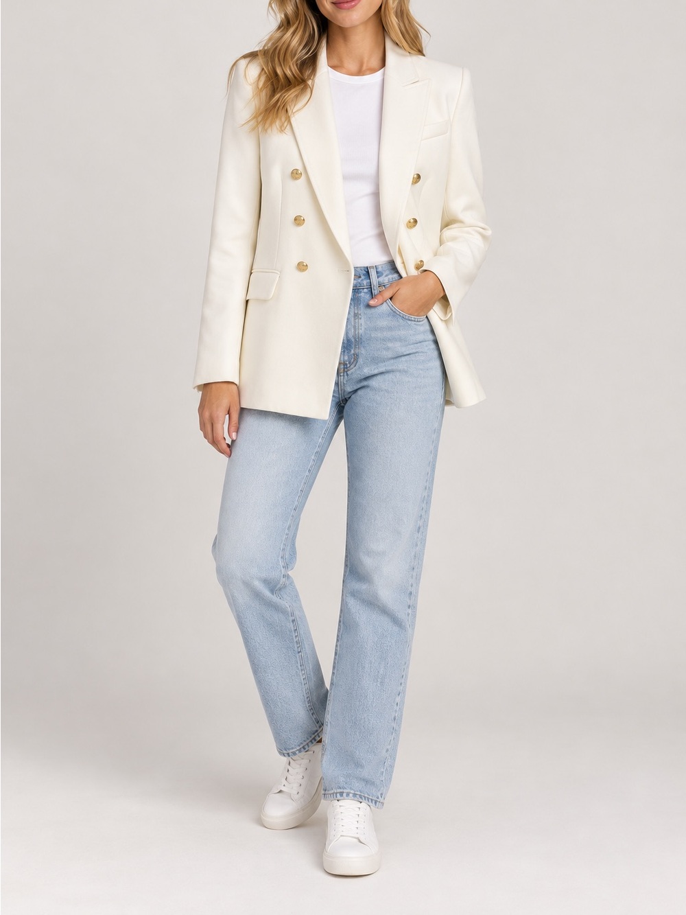 Rachel Zoe Cream Double-Breasted Blazer with Gold Buttons| S